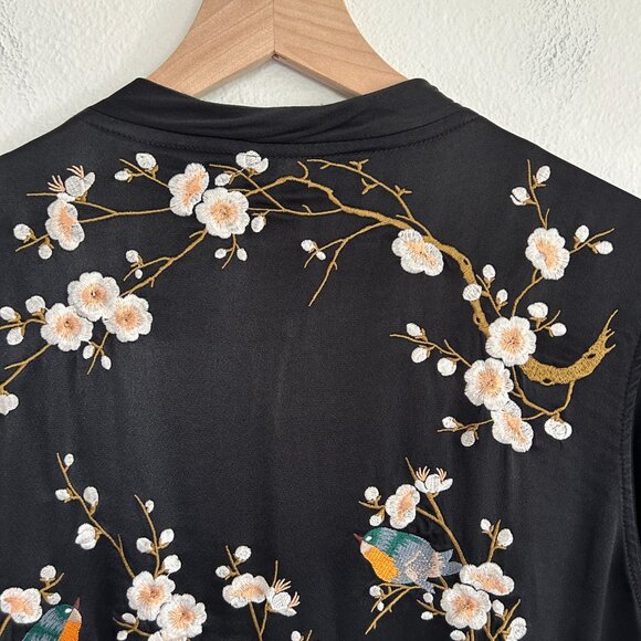 Zara Jacket M Black Satin Embroidered Asian Floral Bird Full Zip Bomber - Picture 8 of 11
